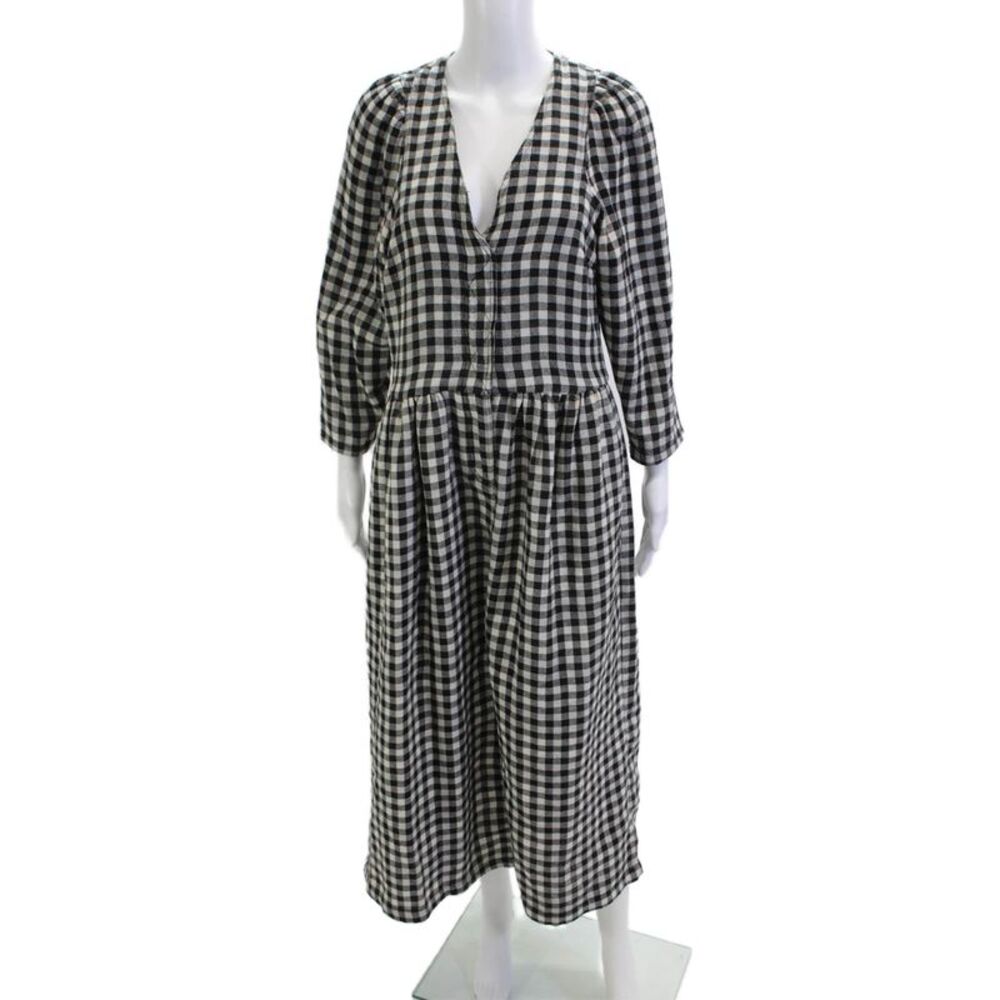 L.F.Markey Womens Black Check Shirt Dress V Neck Button Long Sleeve Midi Size 6